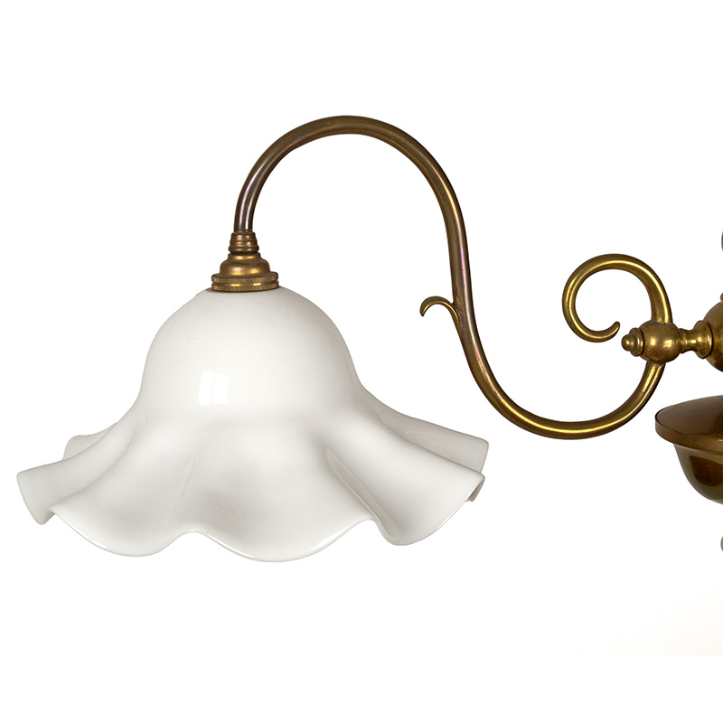 Edwardian Patinated Cast Brass Ceiling Pendant Light with Fluted Opal Glass Shades