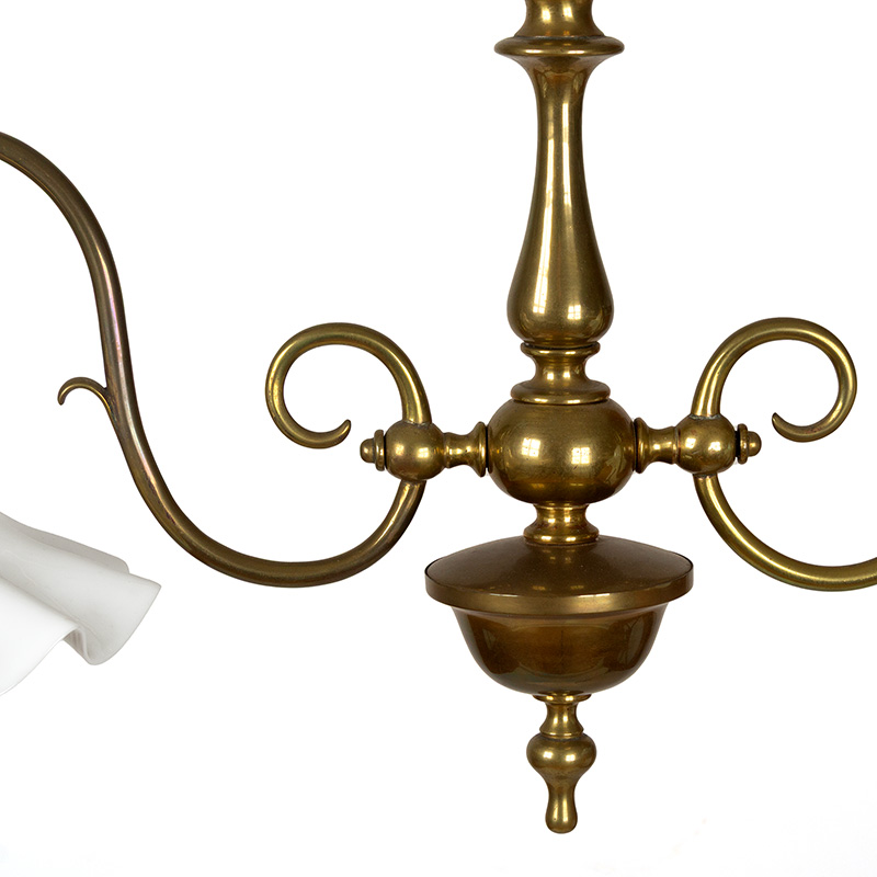 Edwardian Patinated Cast Brass Ceiling Pendant Light with Fluted Opal Glass Shades