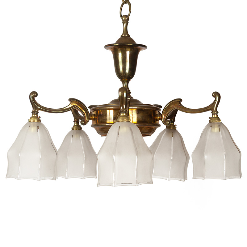 Late Edwardian Patinated Brass Five Arm Ceiling Pendant with Frosted and Clear Glass Shades