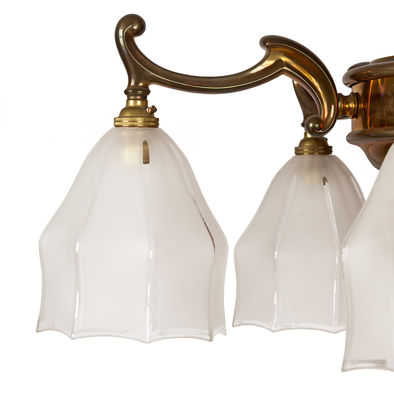 Late Edwardian Patinated Brass Five Arm Ceiling Pendant with Frosted and Clear Glass Shades
