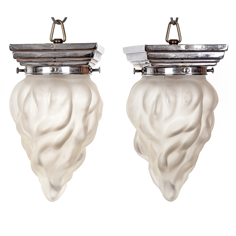 Pair of Art Deco Ceiling Pendant Lights with Flambeau Glass Shades