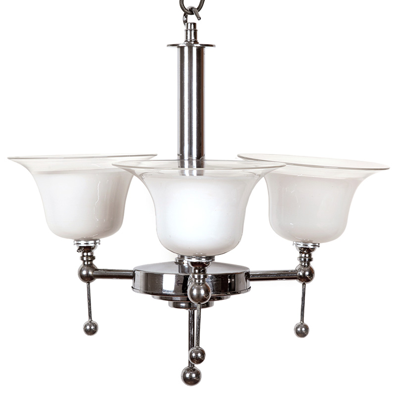 Art Deco Chromium Plated Ceiling Pendant Light with Three Opal Shades