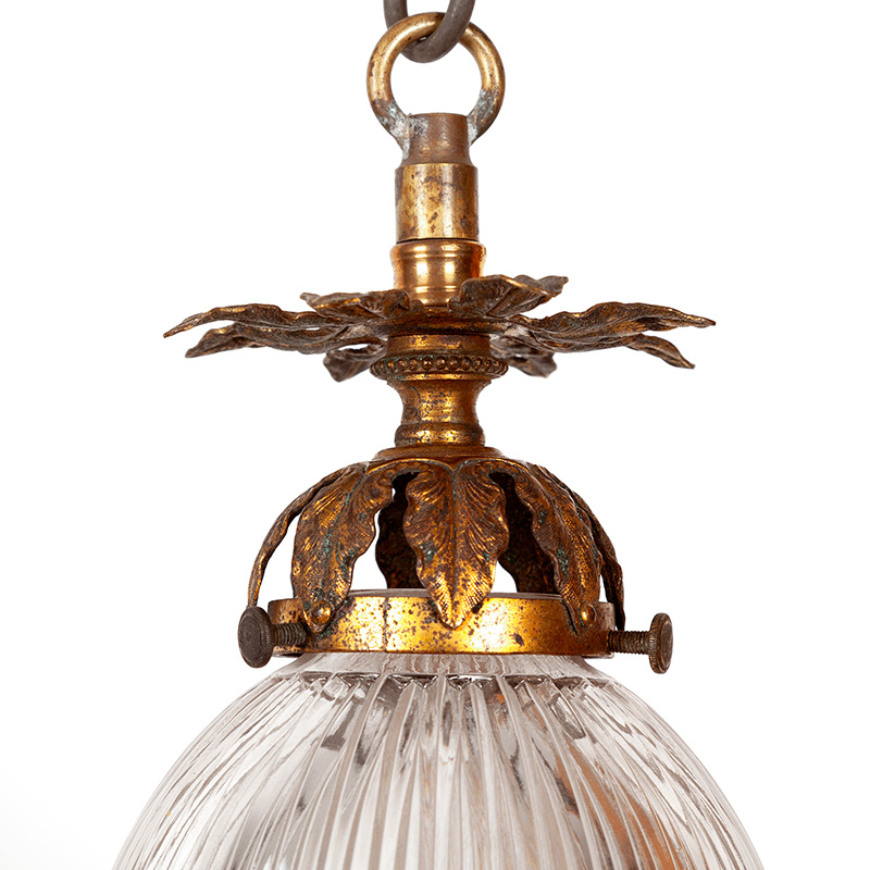 Pair of Edwardian Leaf Shaped Ceiling Pendant Lights in Brass with Holophane Glass Shades