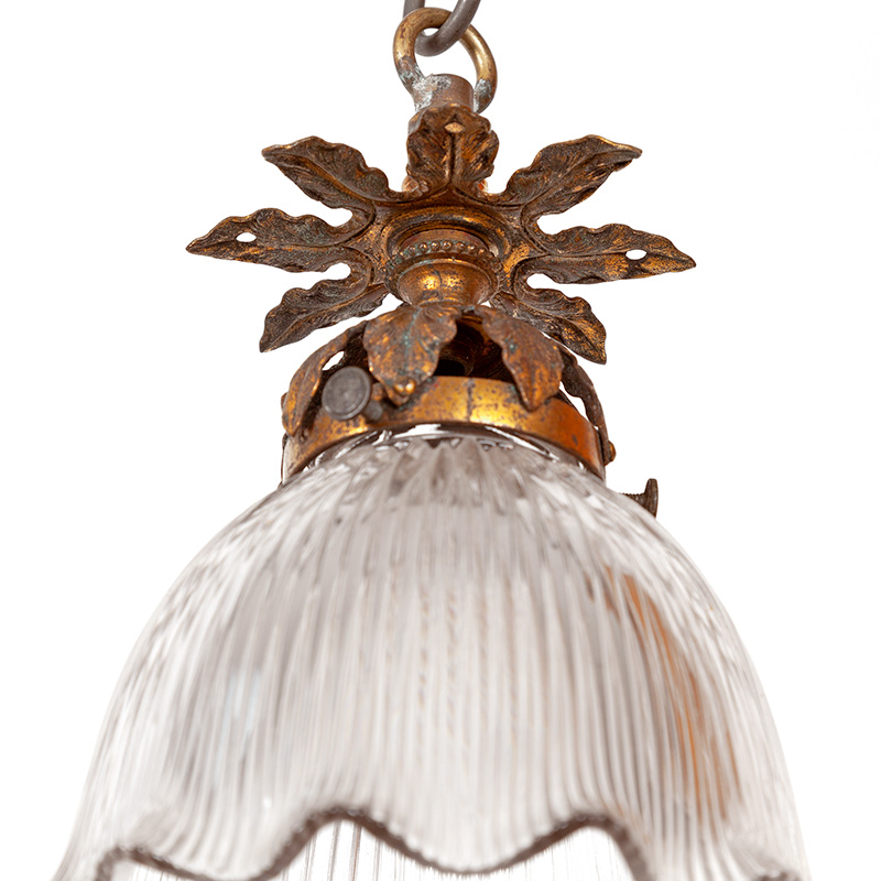 Pair of Edwardian Leaf Shaped Ceiling Pendant Lights in Brass with Holophane Glass Shades