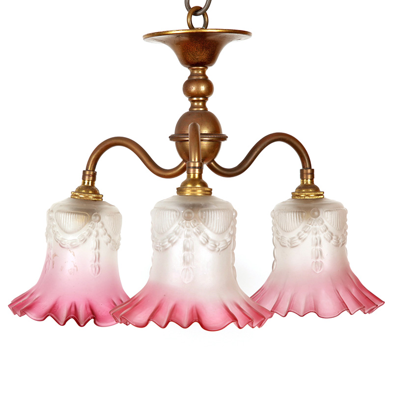 Late Edwardian Patinated Brass Three Light Ceiling Pendant