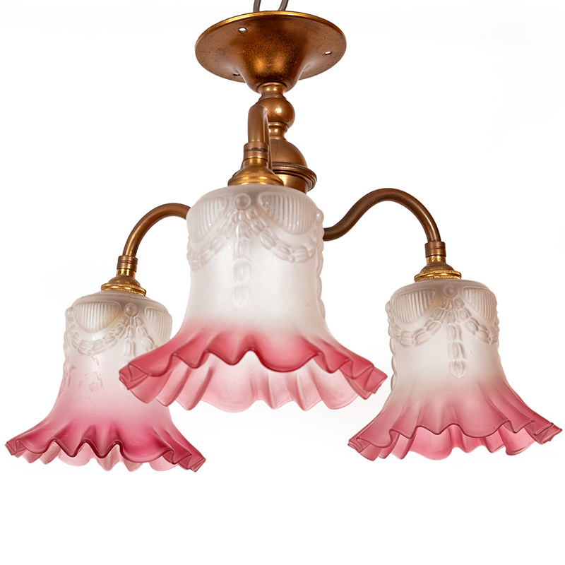 Late Edwardian Patinated Brass Three Light Ceiling Pendant