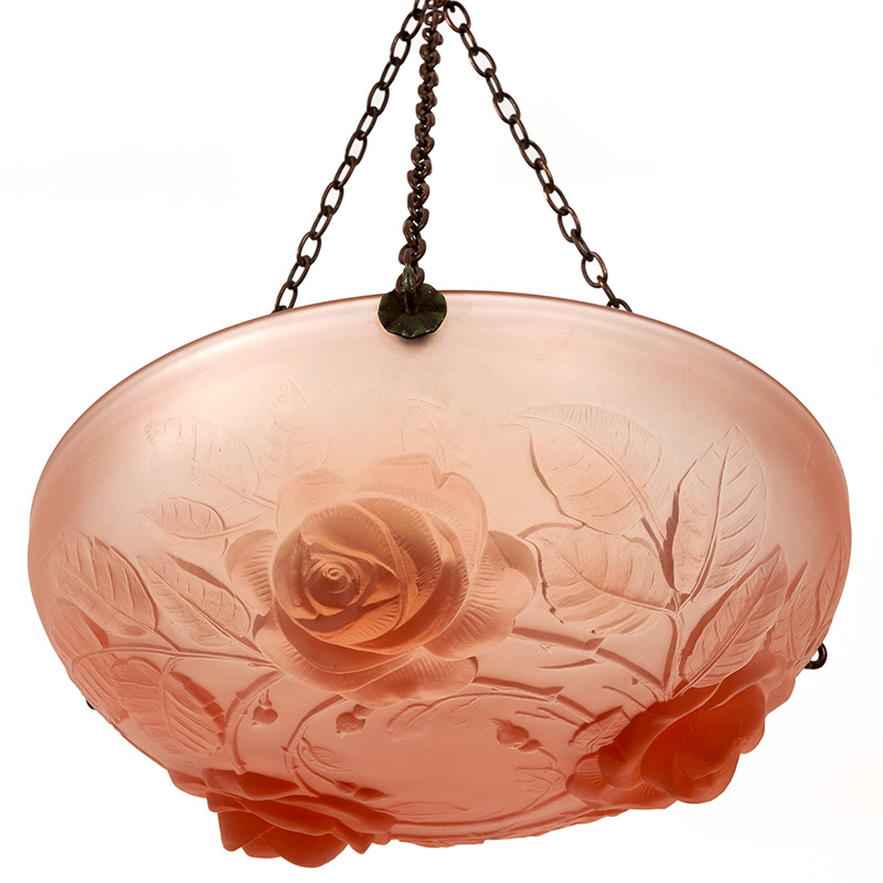 Pink Art Deco Ceiling Pendant Light with Rose Motifs