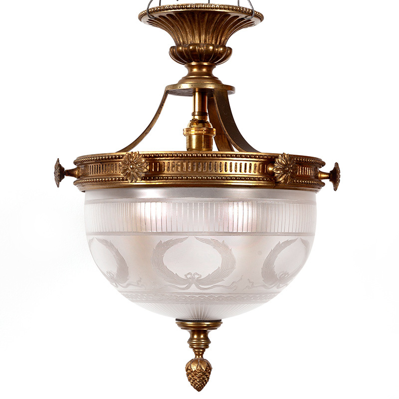 Edwardian Ceiling Pendant Light with Frosted Glass Supported by Brass Stylised Frame