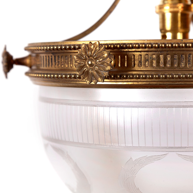 Edwardian Ceiling Pendant Light with Frosted Glass Supported by Brass Stylised Frame