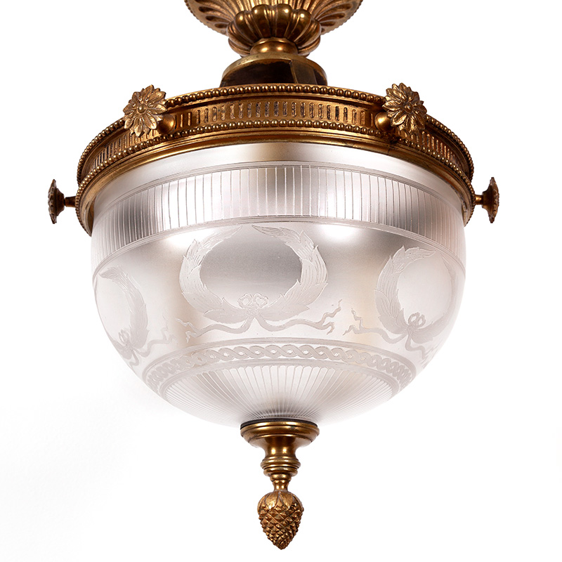 Edwardian Ceiling Pendant Light with Frosted Glass Supported by Brass Stylised Frame