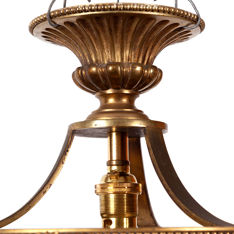 Edwardian Ceiling Pendant Light with Frosted Glass Supported by Brass Stylised Frame