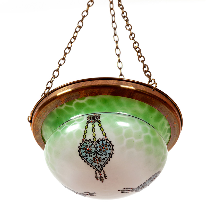 Art Deco Domed Glass Bowl Shaped Ceiling Light with Hand Painted Enamel Hearts