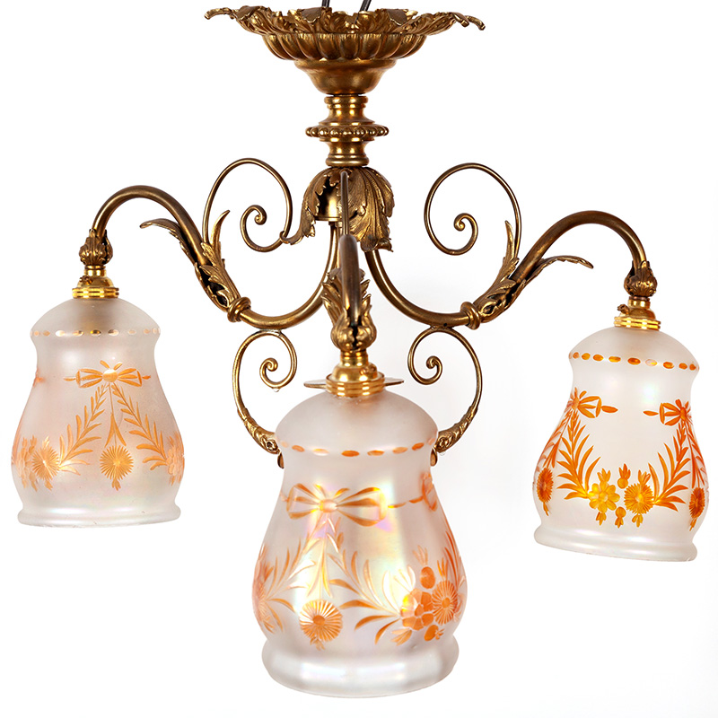 Edwardian Brass Three Light Chandelier Ceiling Light