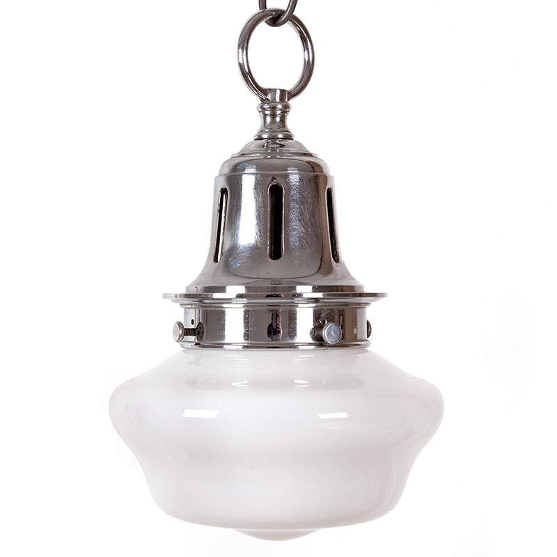 Art Deco ceiling lamp with chromium plated heavy cast brass gallery fitted with an enclosed opal glass shade. (c.1930).