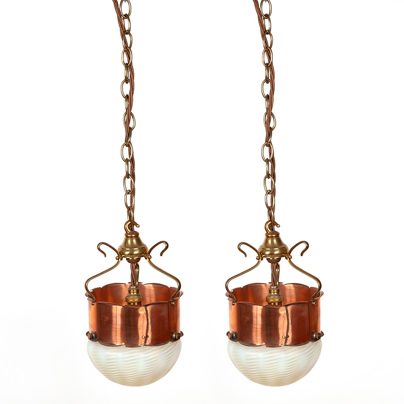 Pair of W.A S. Benson Ceiling Pendant Lights in Brass and Copper with Vaseline Glass Shades
