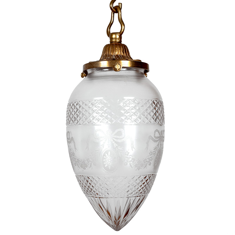 Edwardian Frosted and Cut Glass Dome Ceiling Light Decorated with Ribbon Tied Floral Swags