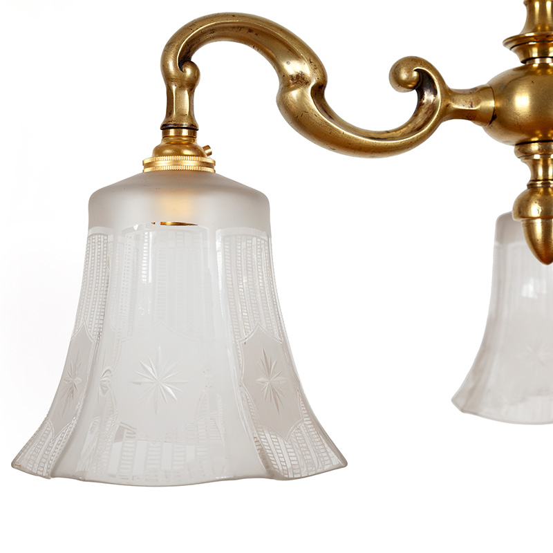 Edwardian Brass Three Light Ceiling Pendant Light with Hexagonal Cut Glass Shades