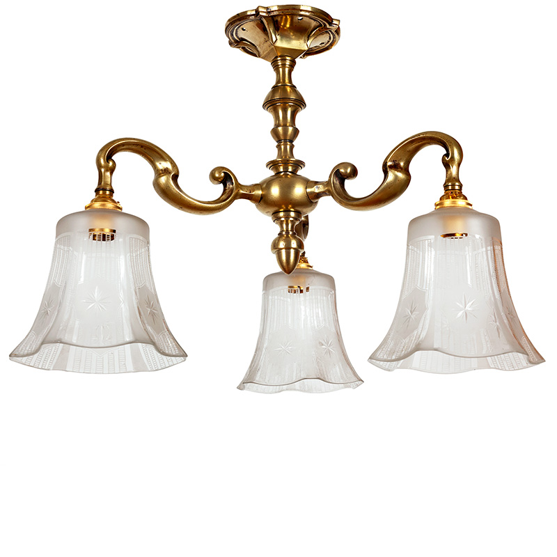 Edwardian Brass Three Light Ceiling Pendant Light with Hexagonal Cut Glass Shades