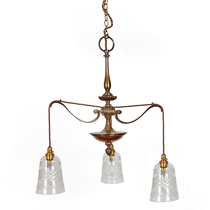 Decorative Edwardian Cast Brass Three Light Ceiling Pendant Light with Clear Cut Glass Shades