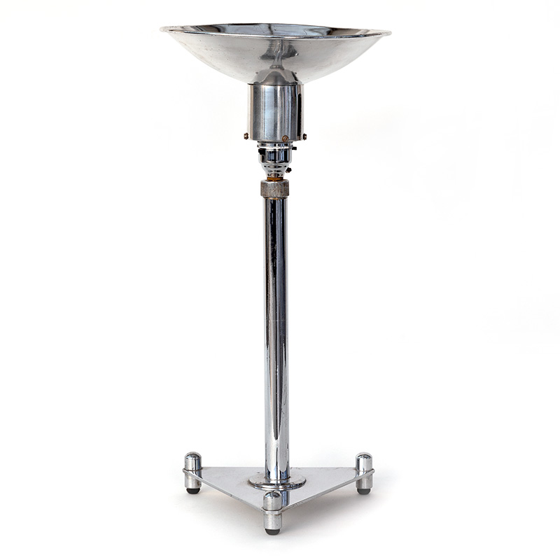 Antique Art Deco chromium plated cast brass table up-light fitted with a dish-shaped chromium plated shade. (c.1925)