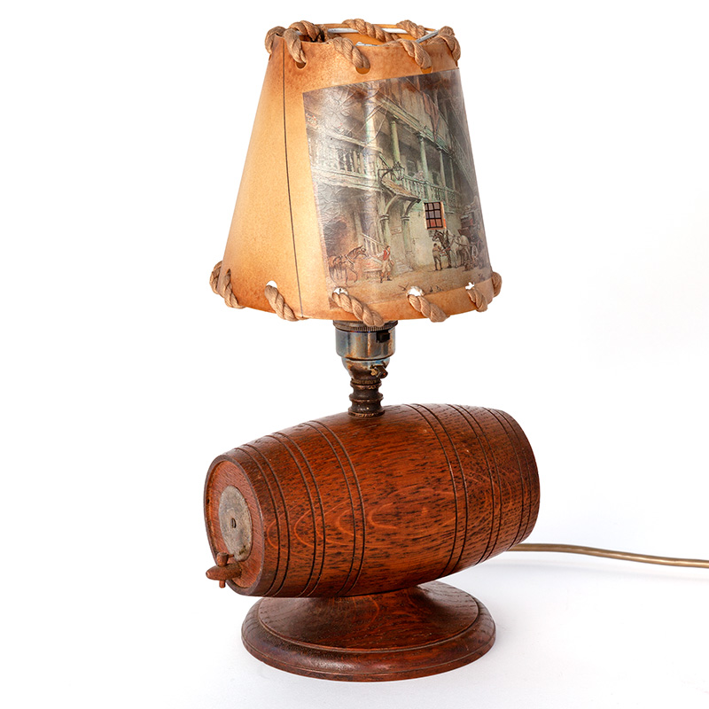 Art Deco Oak Beer Barrel Lamp with a Parchment Shade Decorated with a Horse and Carriage