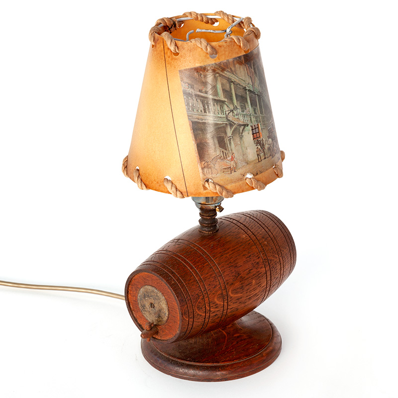 Art Deco Oak Beer Barrel Lamp with a Parchment Shade Decorated with a Horse and Carriage