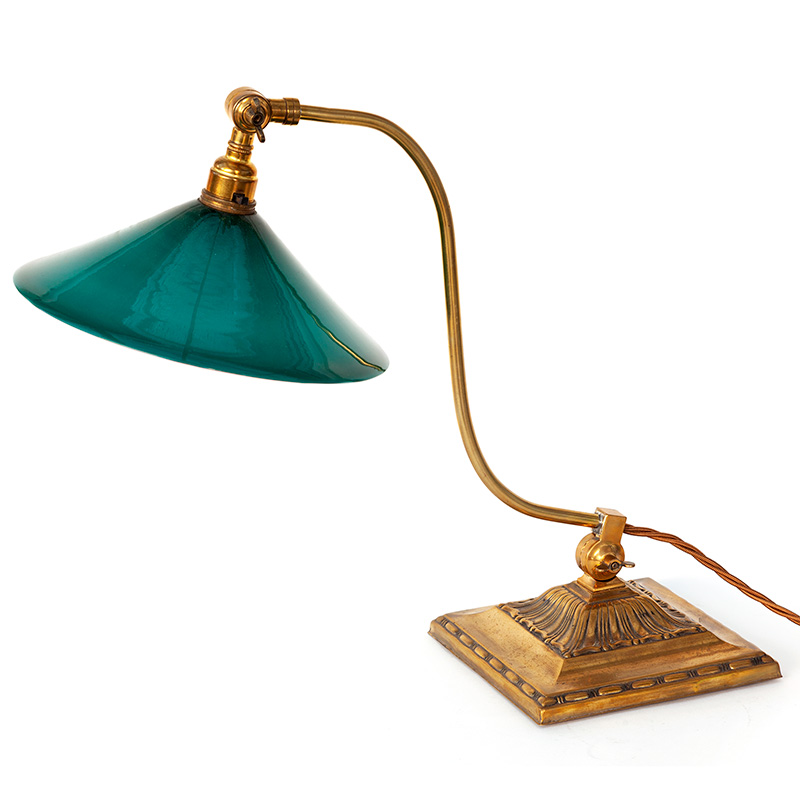 Traditional Edwardian Brass Desk Lamp with Green and Opal Lined Glass Shade