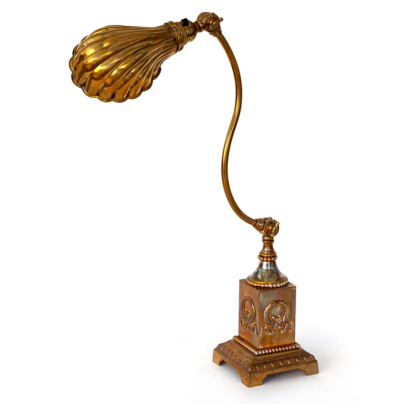 Edwardian Cast Brass Desk Lamp with Swanecked Arm Holding Brass Clam Shell Shade