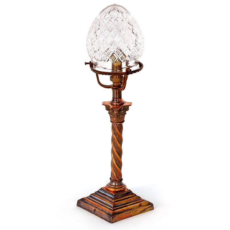 Late Edwardian antique copper oxidised Corinthian column desk or table lamp fitted with a cut glass shade (c.1910)
