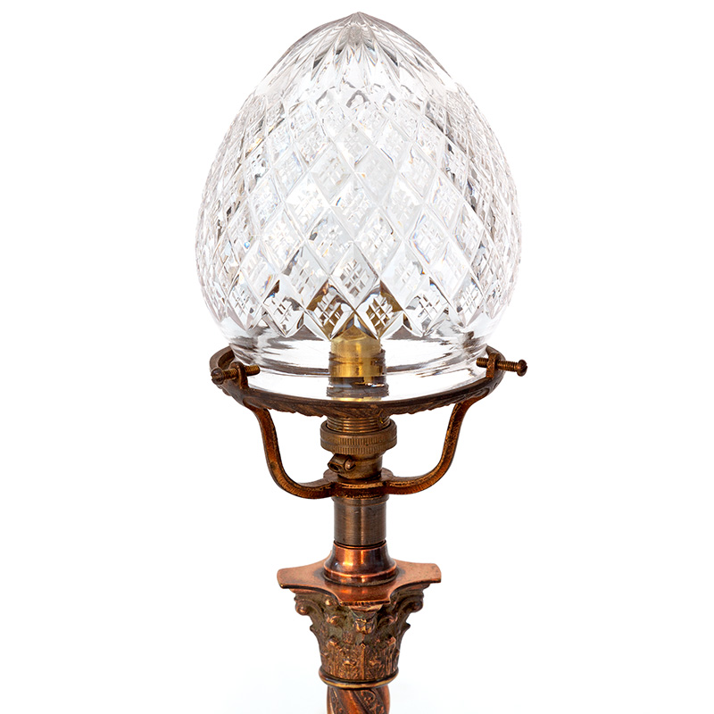 Late Edwardian Copper Oxidised Corinthian Column Deak Lamp with Cut Glass Shade