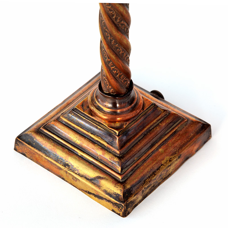 Late Edwardian Copper Oxidised Corinthian Column Deak Lamp with Cut Glass Shade