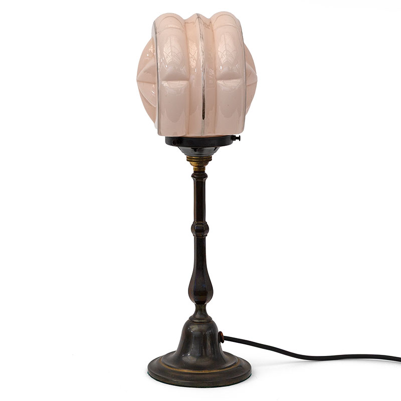 Art Deco Cast Brass Table Lamp with Pink Glass Dome Decorated with Double Sided Star Motifs