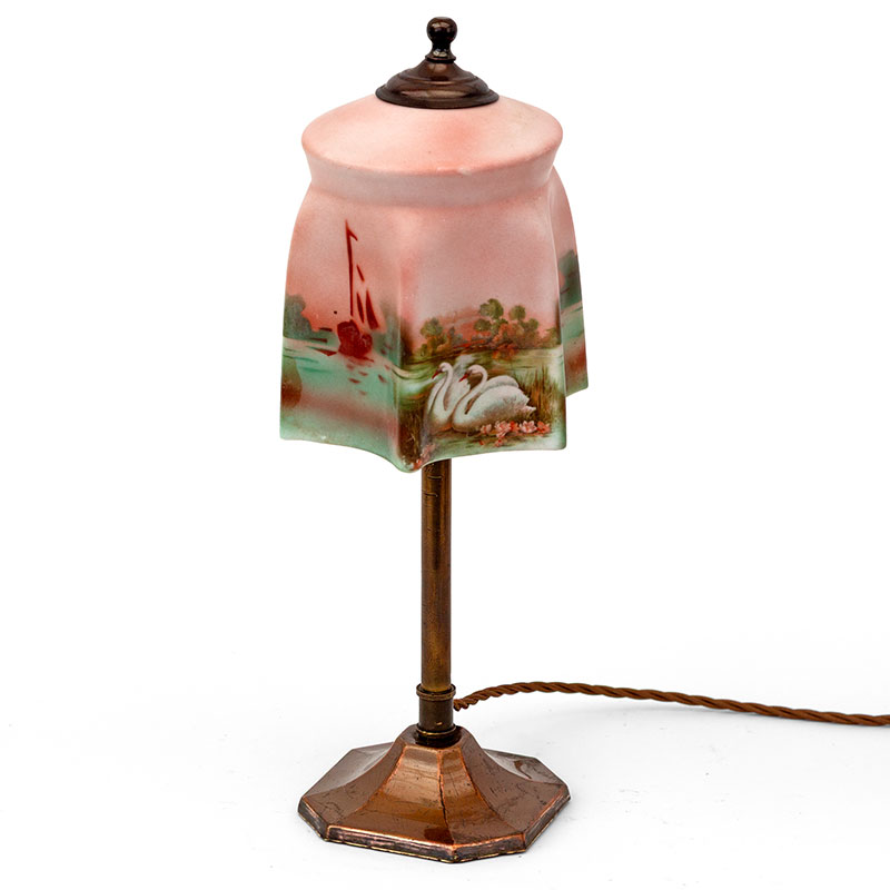 Art Deco Copper Oxidised Brass Table Lamp with Glass Shade Decorated with Swans