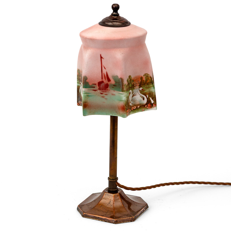 Art Deco Copper Oxidised Brass Table Lamp with Glass Shade Decorated with Swans