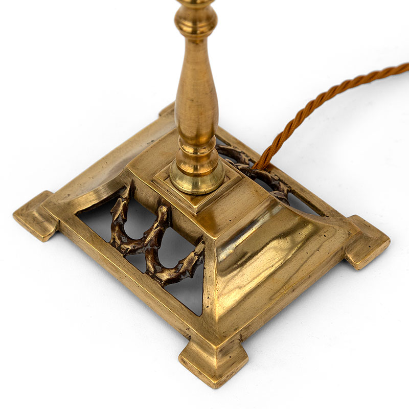 Edwardian Brass Table Lamp on a Rectangular Open Work Base with a Fluted Cut Crystal Shade