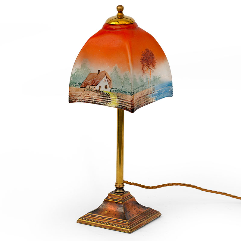 Art Deco Patinated Brass Table Lamp with Glass Shade Decorated with Hand Painted Rural Scenes