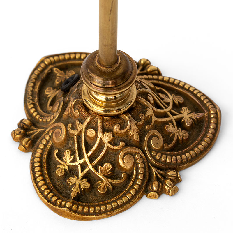 Art Nouveau Brass Table Lamp with Fluted Floral Green Vaseline Glass Shade