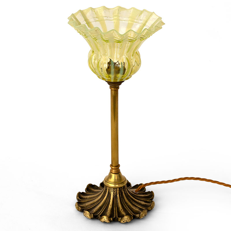 Art Nouveau Cast Brass Table Lamp with Striped and Fluted Green Vaseline Glass Shade