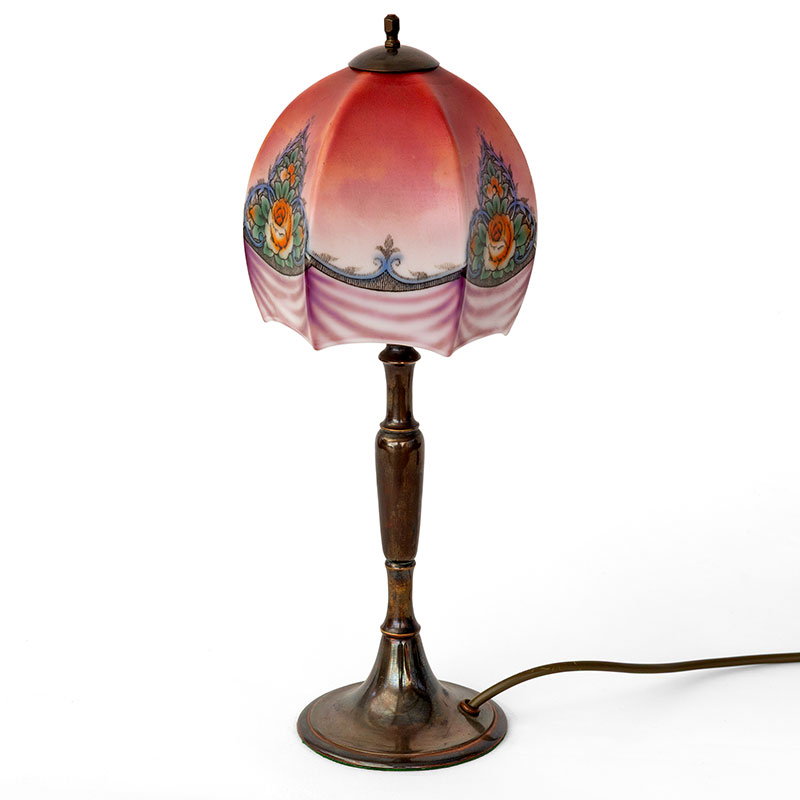 Art Deco Patinated Cast Brass Table Lamp with Hexagonal Glass Shade