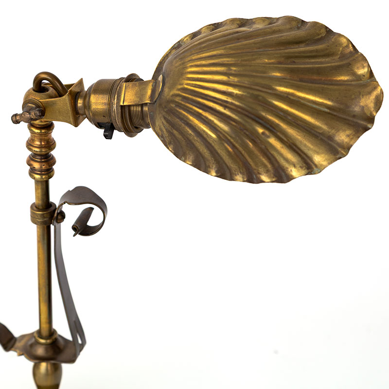 W.A.S. Benson Adjustable Brass Table Lamp with Clam Shell Shade