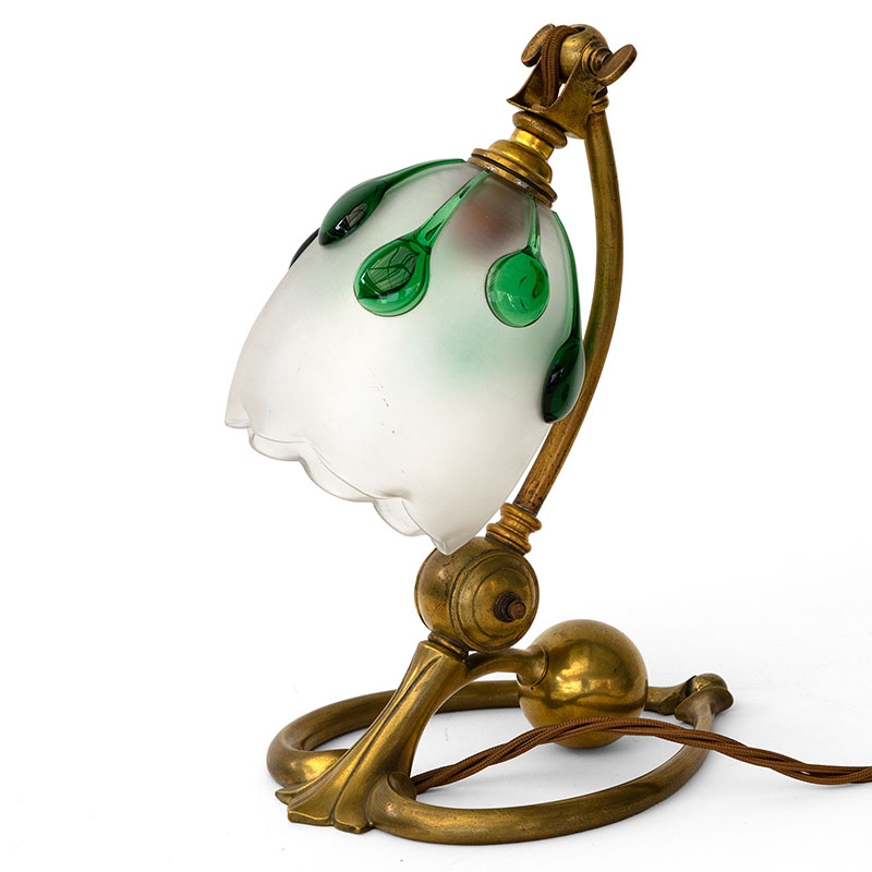 Art Nouveau Benson Table Lamp in Cast Brass with Fluted Bell Shaped Glass Shade