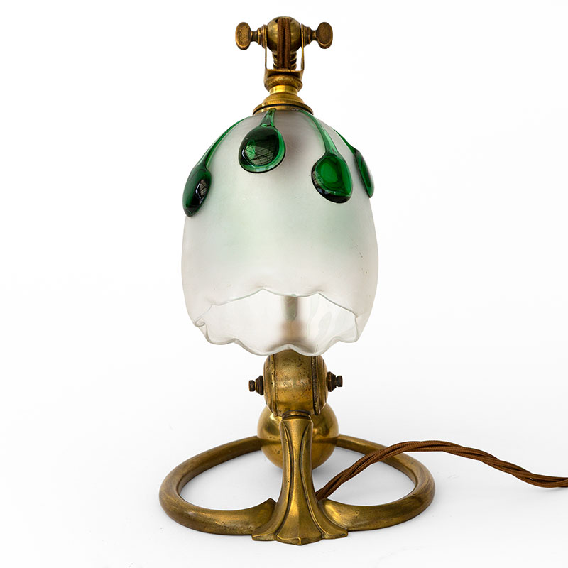Art Nouveau Benson Table Lamp in Cast Brass with Fluted Bell Shaped Glass Shade