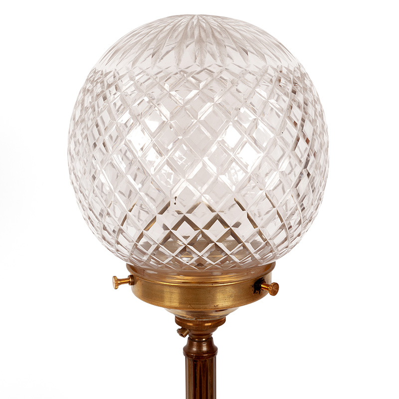 Edwardian Brass Table Lamp on Black China Base with Reeded Column and Cut Glass Globe