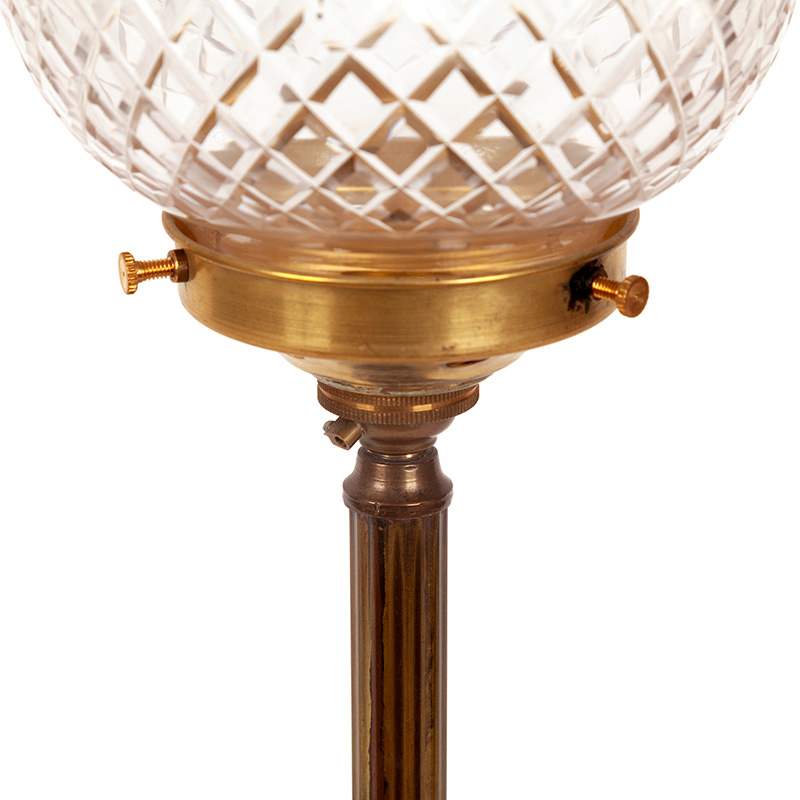 Edwardian Brass Table Lamp on Black China Base with Reeded Column and Cut Glass Globe