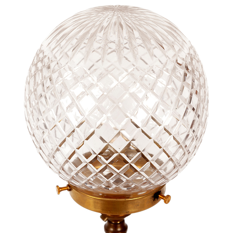 Edwardian Brass Table Lamp on Black China Base with Reeded Column and Cut Glass Globe