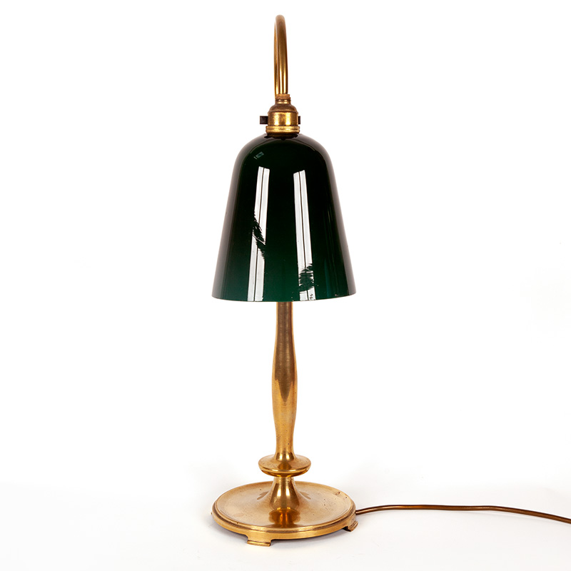 Edwardian Table Lamp with Curved Brass Arm Supporting Green Opal Shade