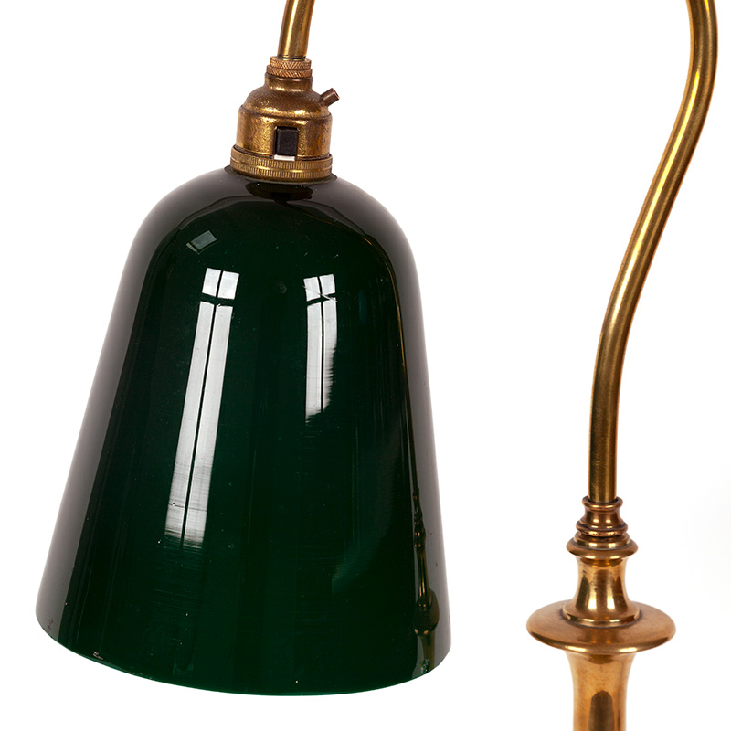 Edwardian Table Lamp with Curved Brass Arm Supporting Green Opal Shade