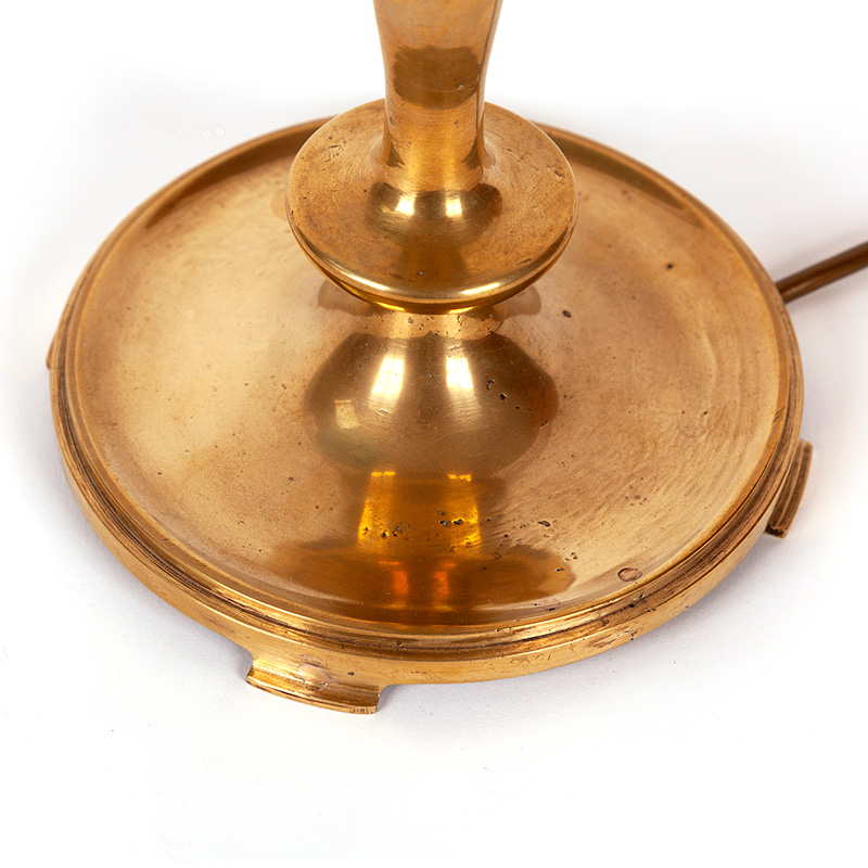 Edwardian Table Lamp with Curved Brass Arm Supporting Green Opal Shade