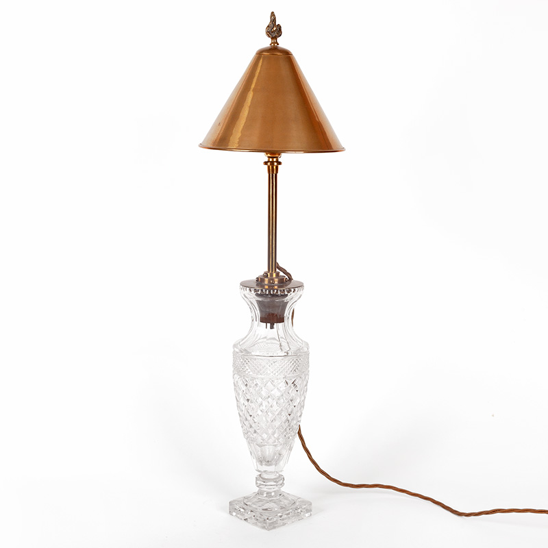 Edwardian Vase Shaped Cut Crystal Table Lamp with Conical Brass Shade