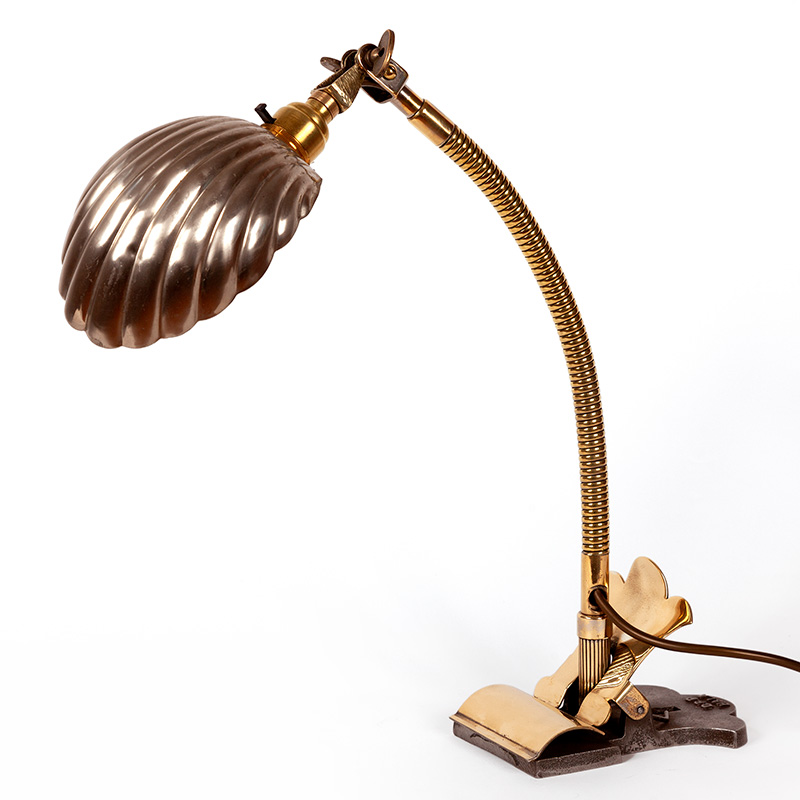 Art Deco Brass and Chrome Desk Lamp with Clam Shell Shade Clamp Base and Adjustable Arm and Shade
